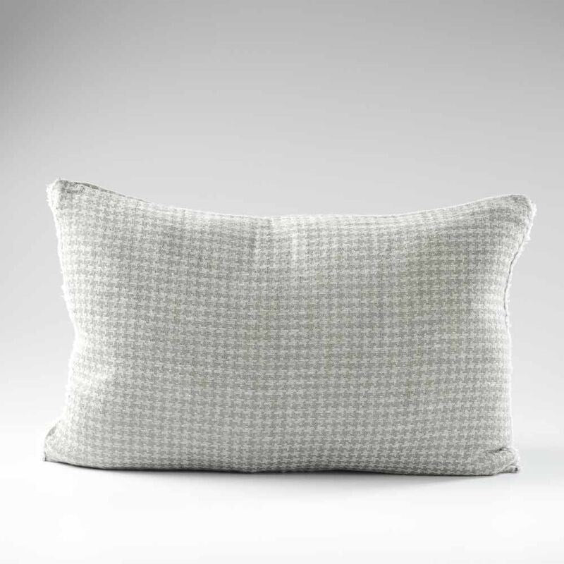 houndstooth pattern linen cushion in pistachio with frayed edge feature