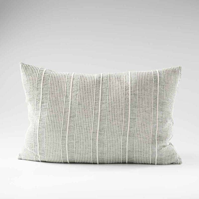 pistachio linen cushion with a white stripe feature