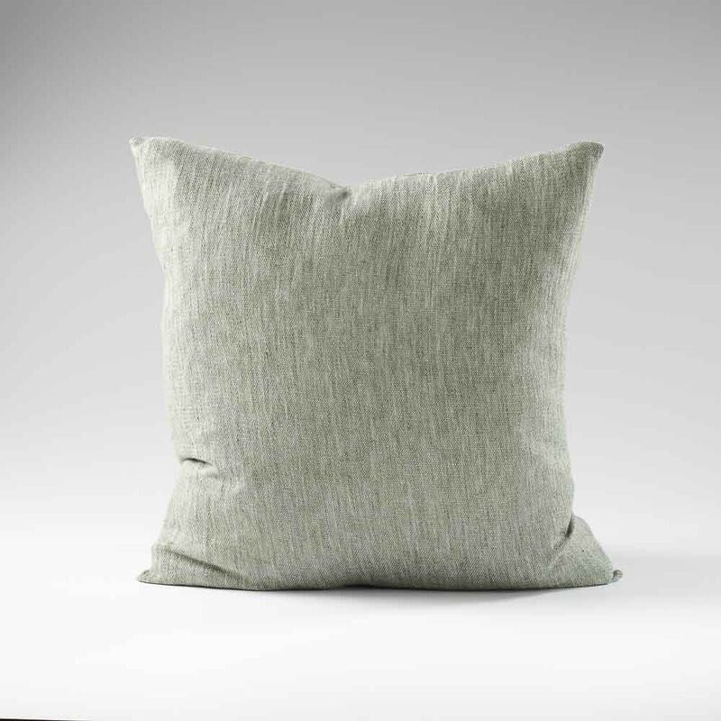 pistachio linen cushion with wooden button feature