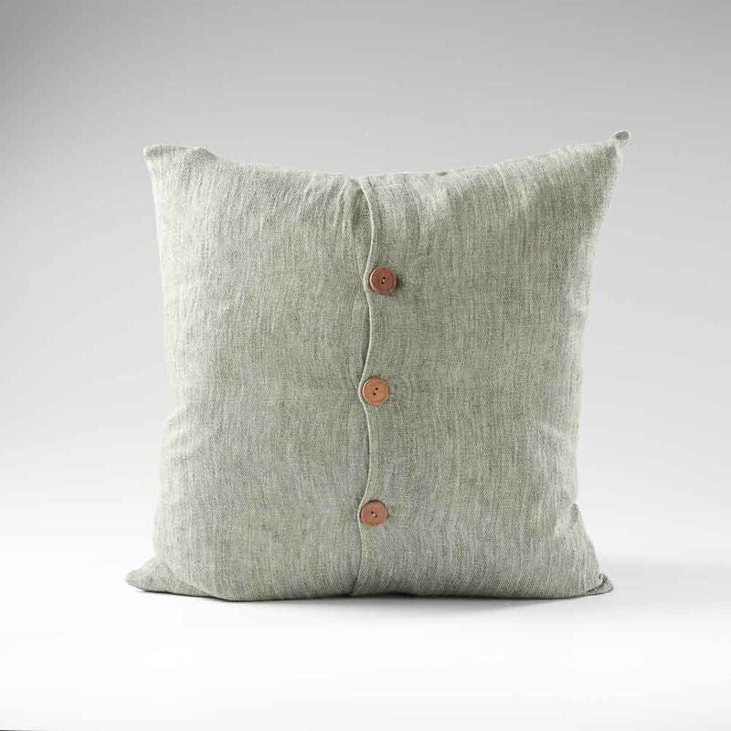 pistachio linen cushion with wooden button feature