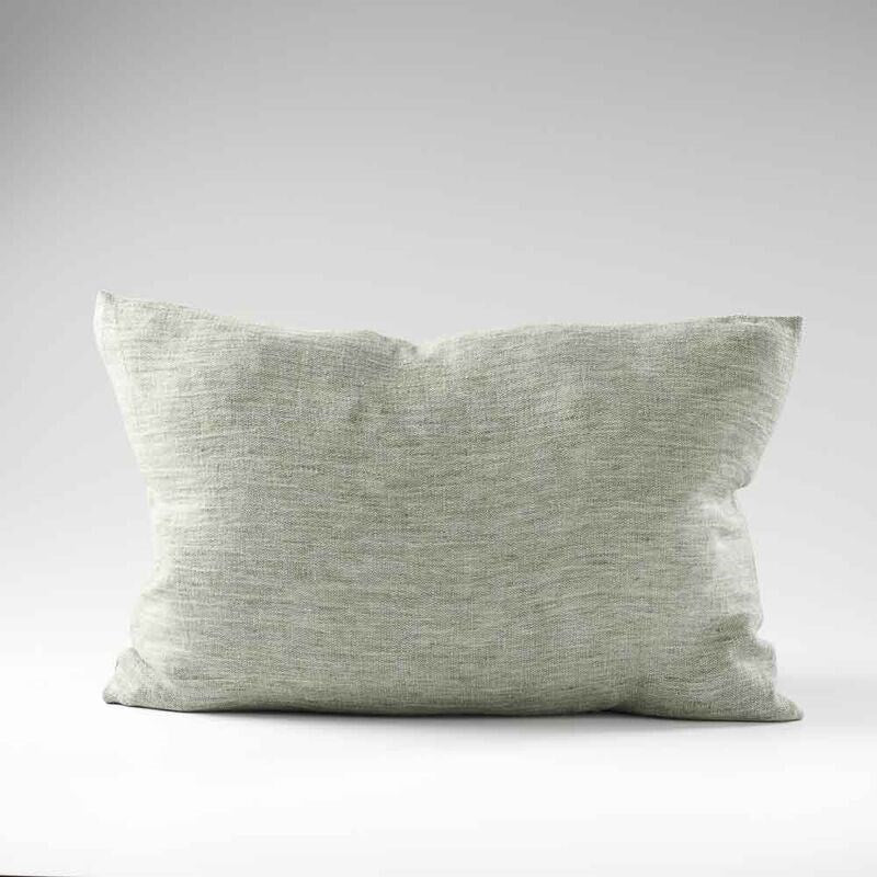 pistachio linen cushion with wooden button feature