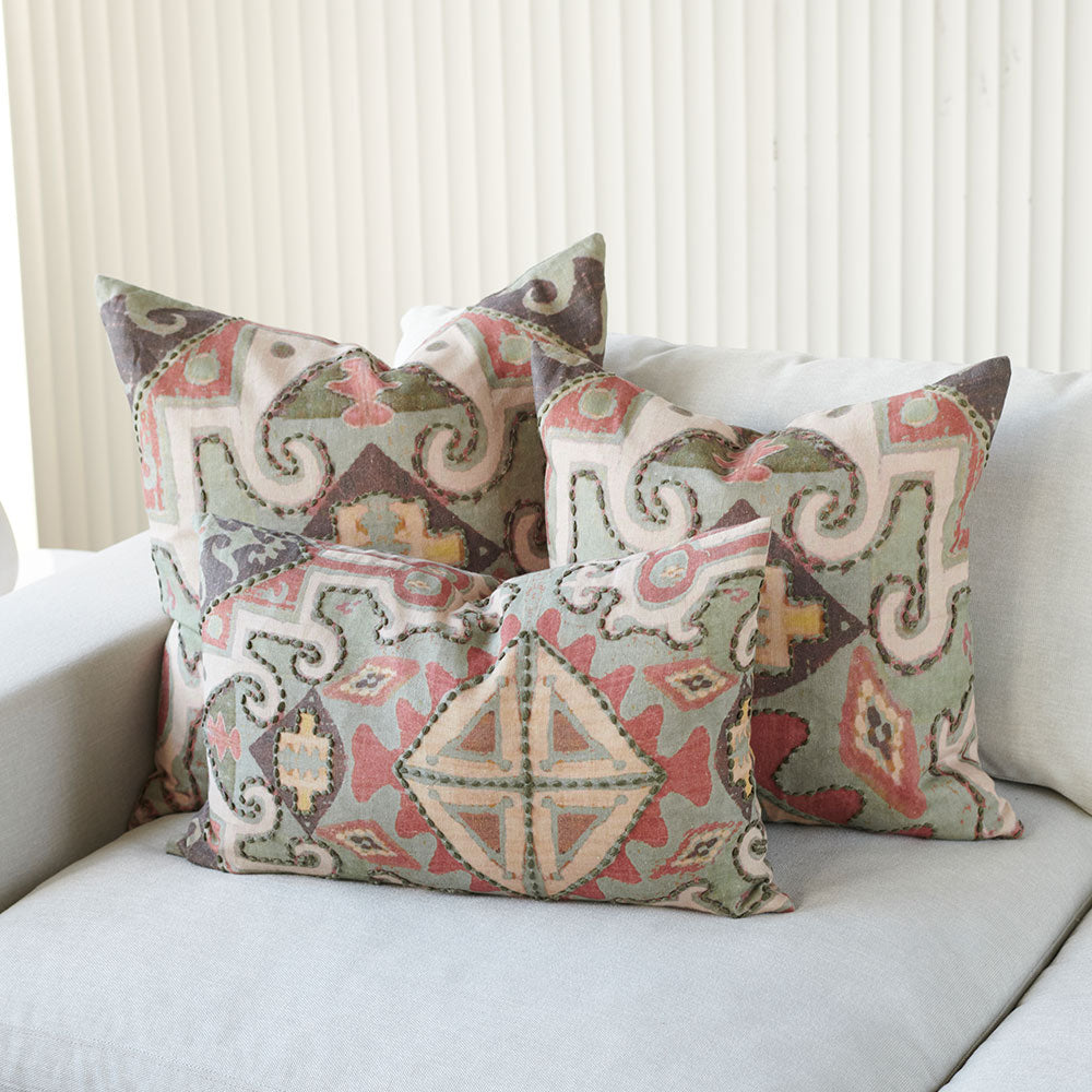 Tribale Linen Cushion with Hand Tacking - Multi Coloured
