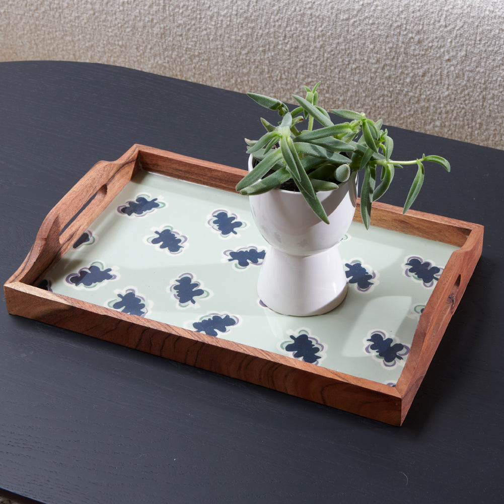 wooden tray with handles and gidget sea mist and navy print