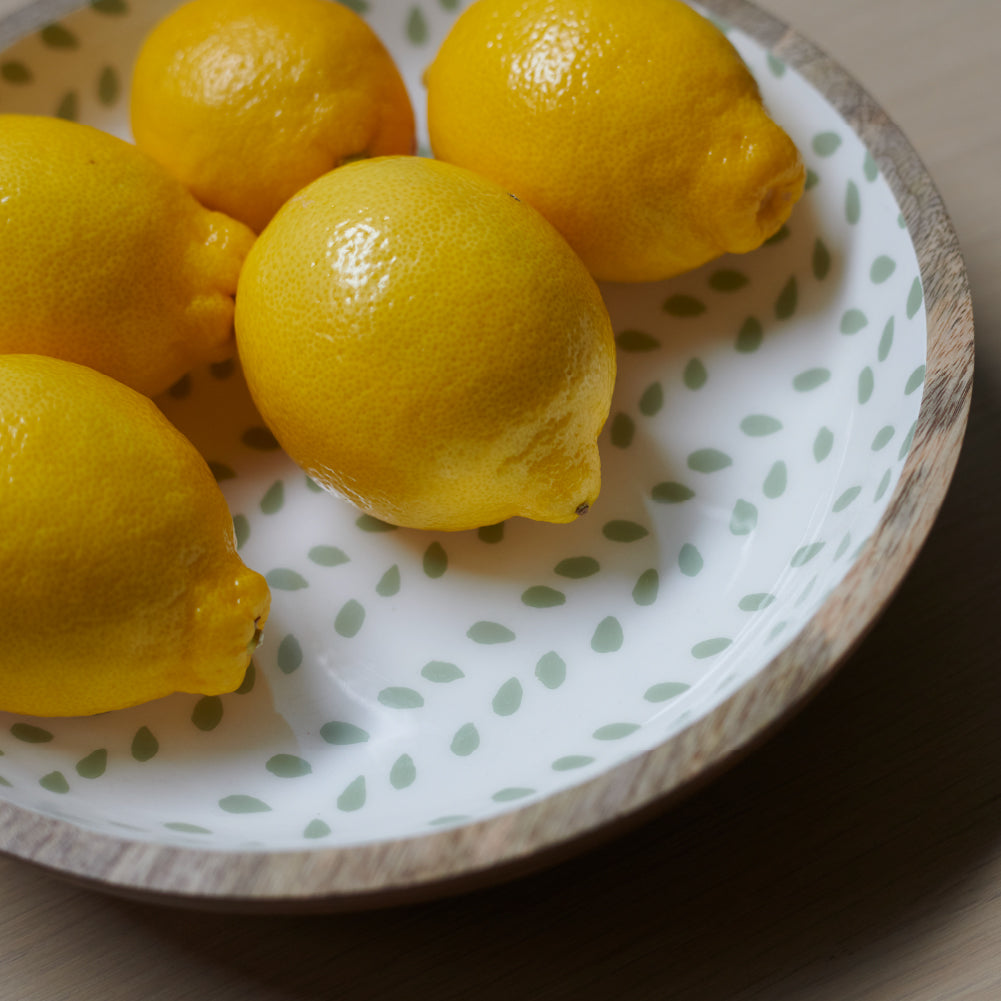 wooden shallow bowl in sea mist leaf print