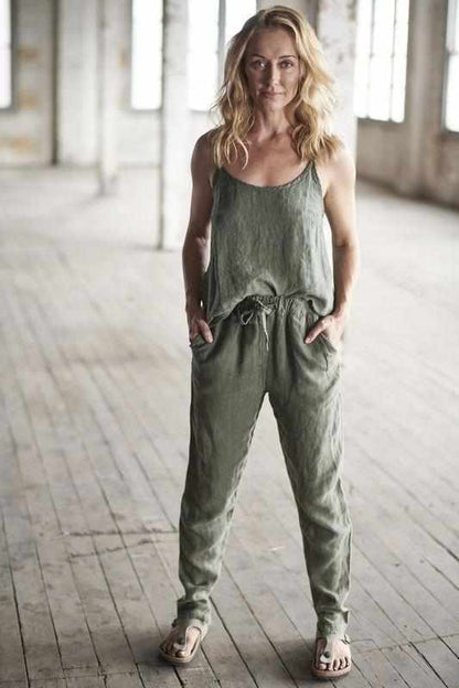 Euro Linen Khaki cami and khaki linen lounge pant