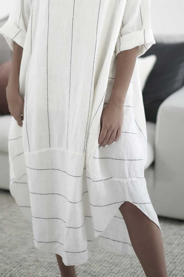 White with charcoal stripe Carter Linen Malle Dress