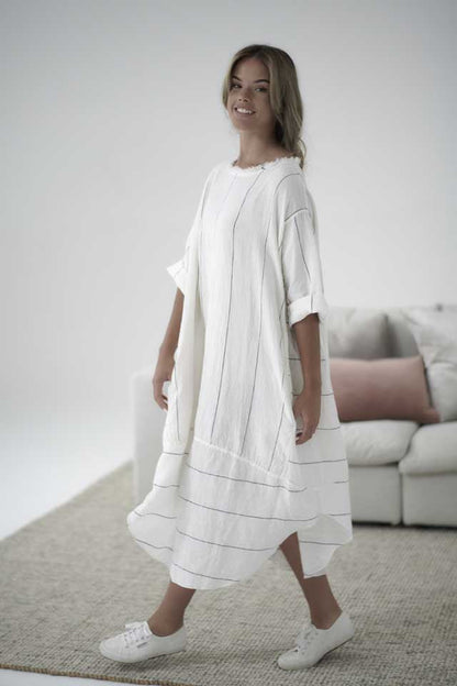 White with charcoal stripe Carter Linen Malle Dress