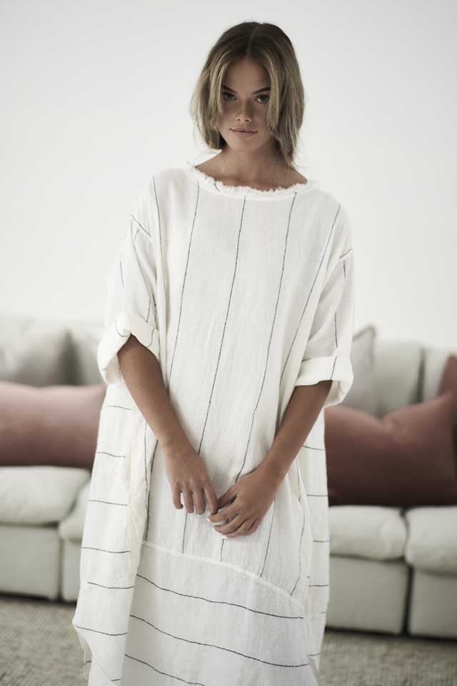 White with charcoal stripe Carter Linen Malle Dress