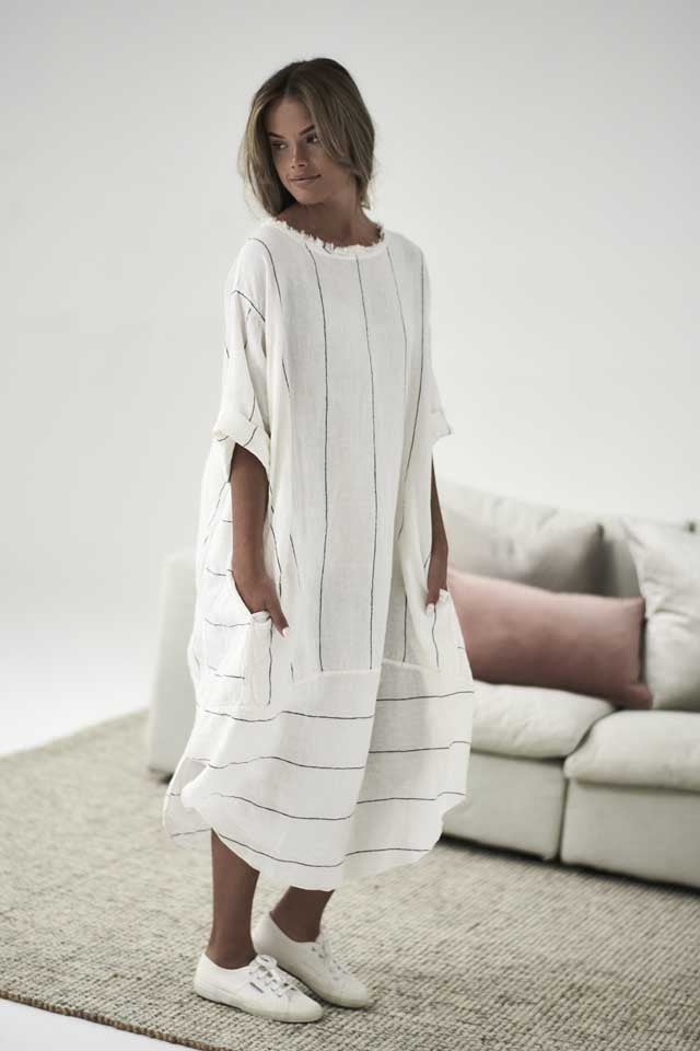 White with charcoal stripe Carter Linen Malle Dress