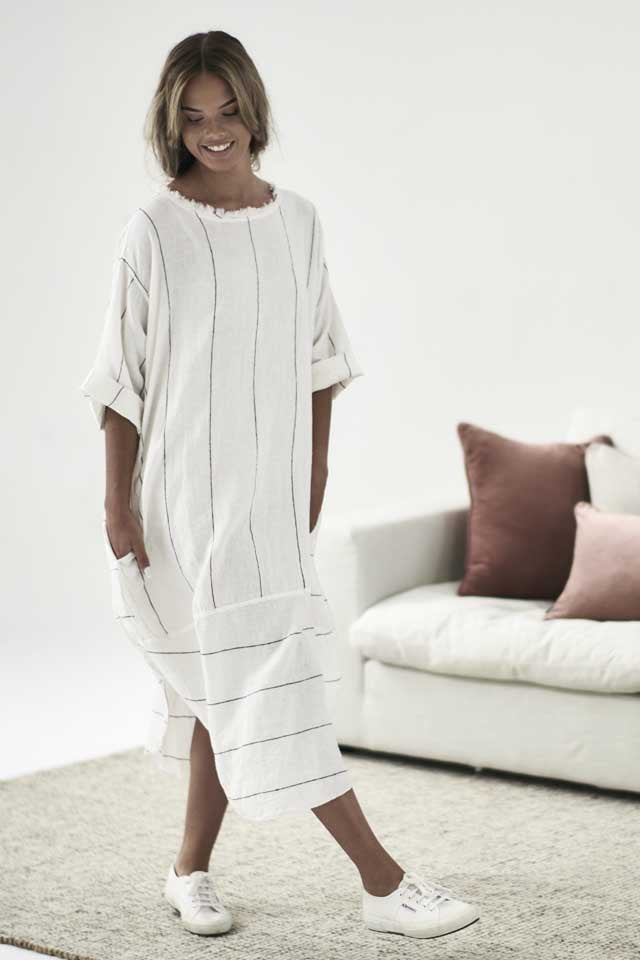 White with charcoal stripe Carter Linen Malle Dress