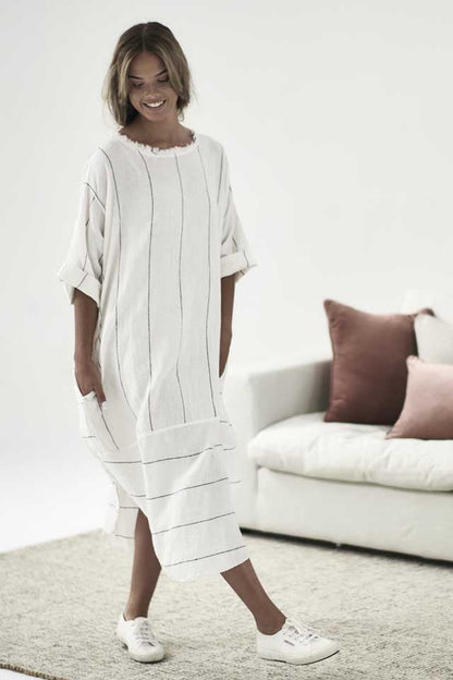 White with charcoal stripe Carter Linen Malle Dress