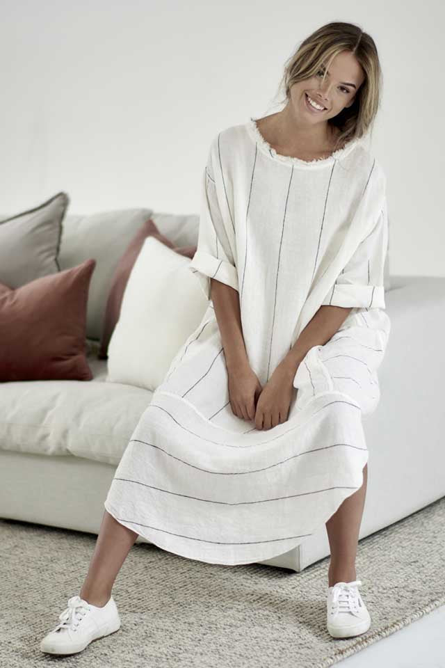 White with charcoal stripe Carter Linen Malle Dress