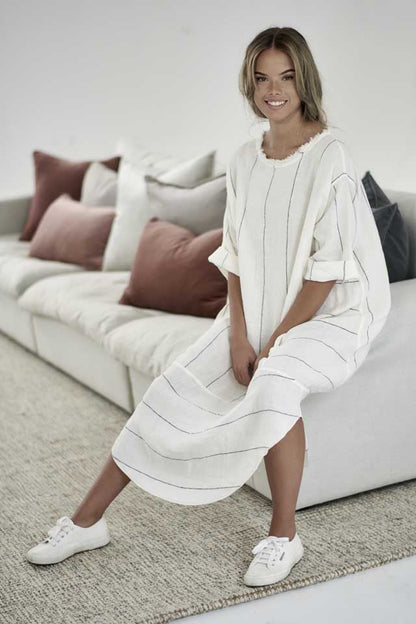White with charcoal stripe Carter Linen Malle Dress