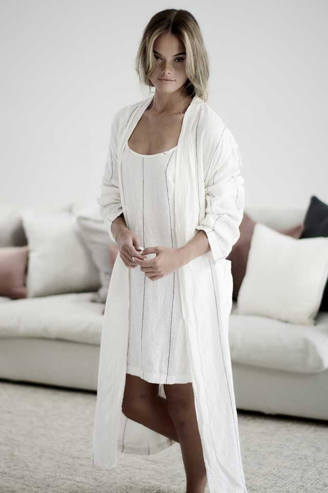 White with charcoal stripe Carter Linen Robe layered over the Carter Linen Slip Dress