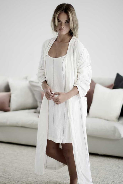 White with charcoal stripe Carter Linen Robe layered over the Carter Linen Slip Dress