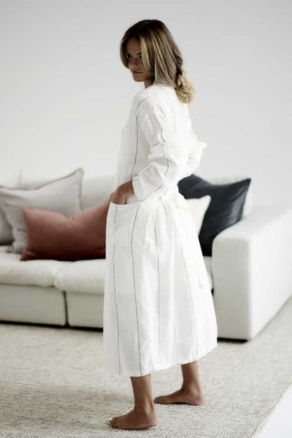 White with charcoal stripe Carter Linen Robe layered over the Carter Linen Slip Dress