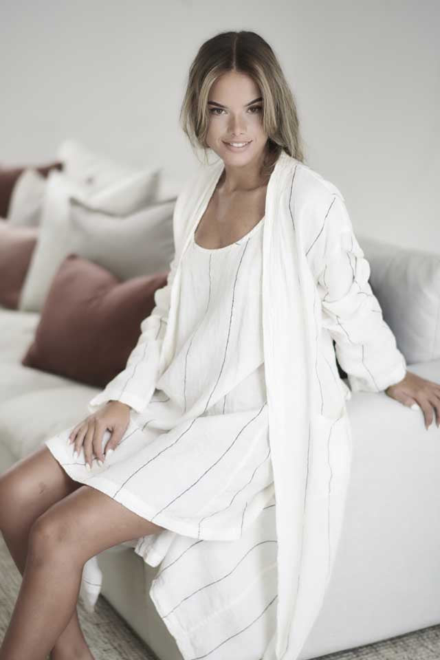 White with charcoal stripe Carter Linen Robe layered over the Carter Linen Slip Dress