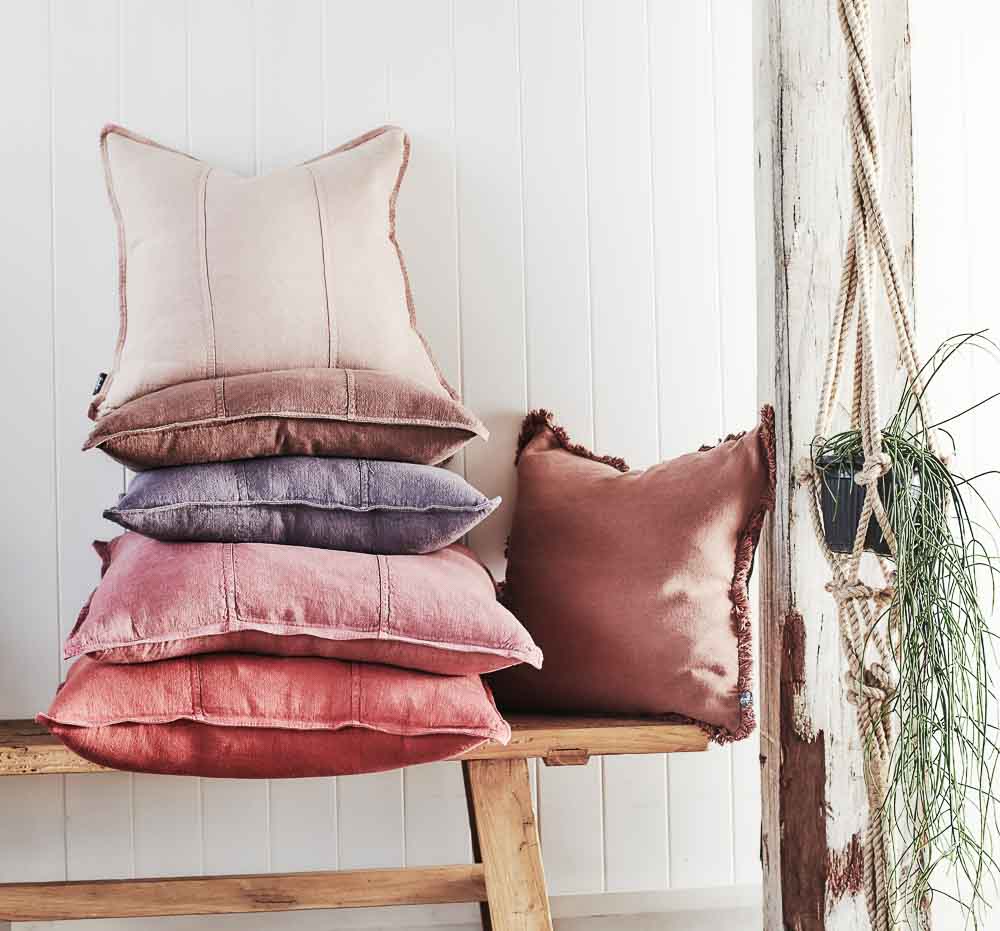 Luca linen cushions and luca boho cushions on a bench seat