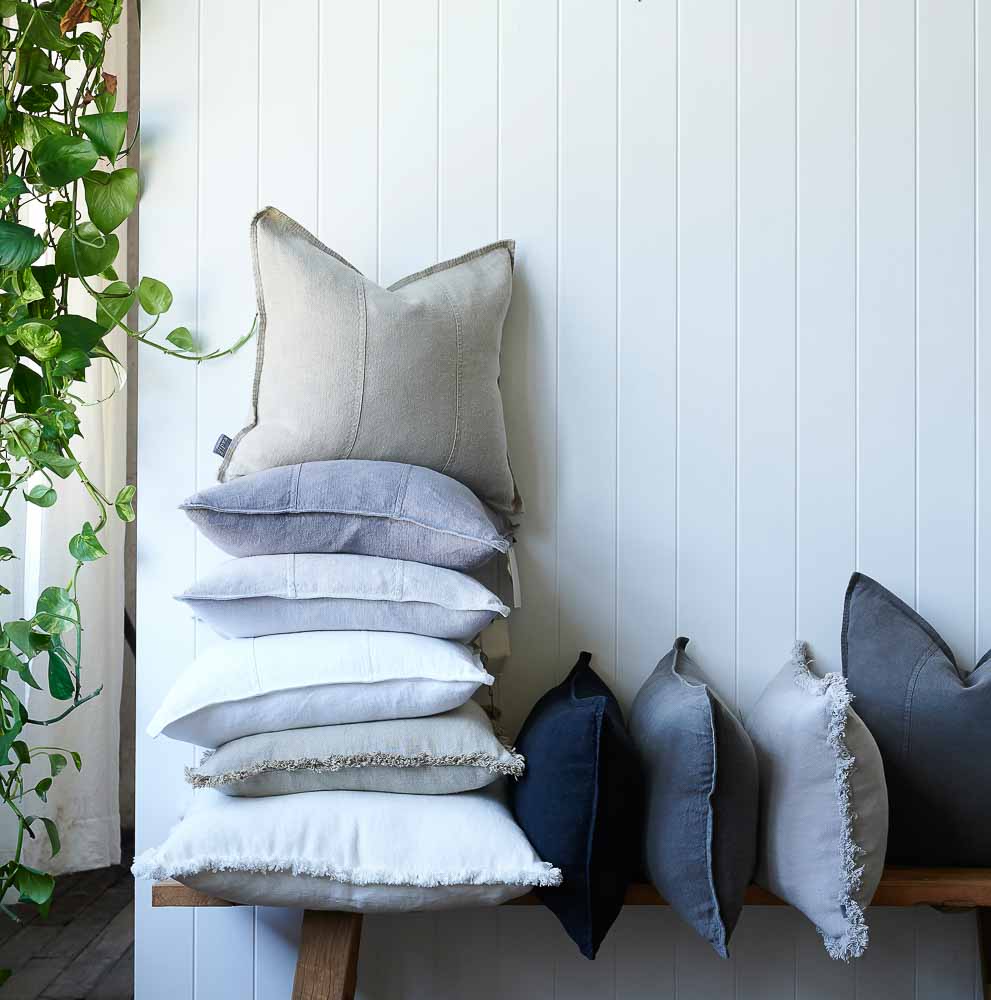 Luca linen cushions and luca boho cushions on a bench seat