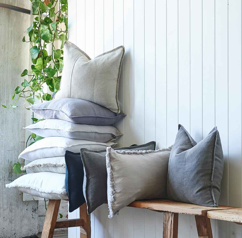 Luca linen cushions and luca boho cushions on a bench seat