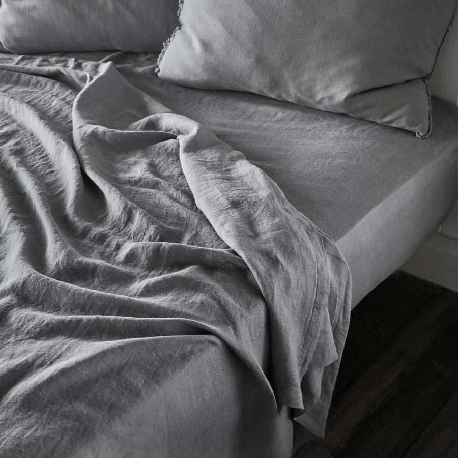 Slate Euro Linen Fitted Sheet and Linen Flat Sheet Set
