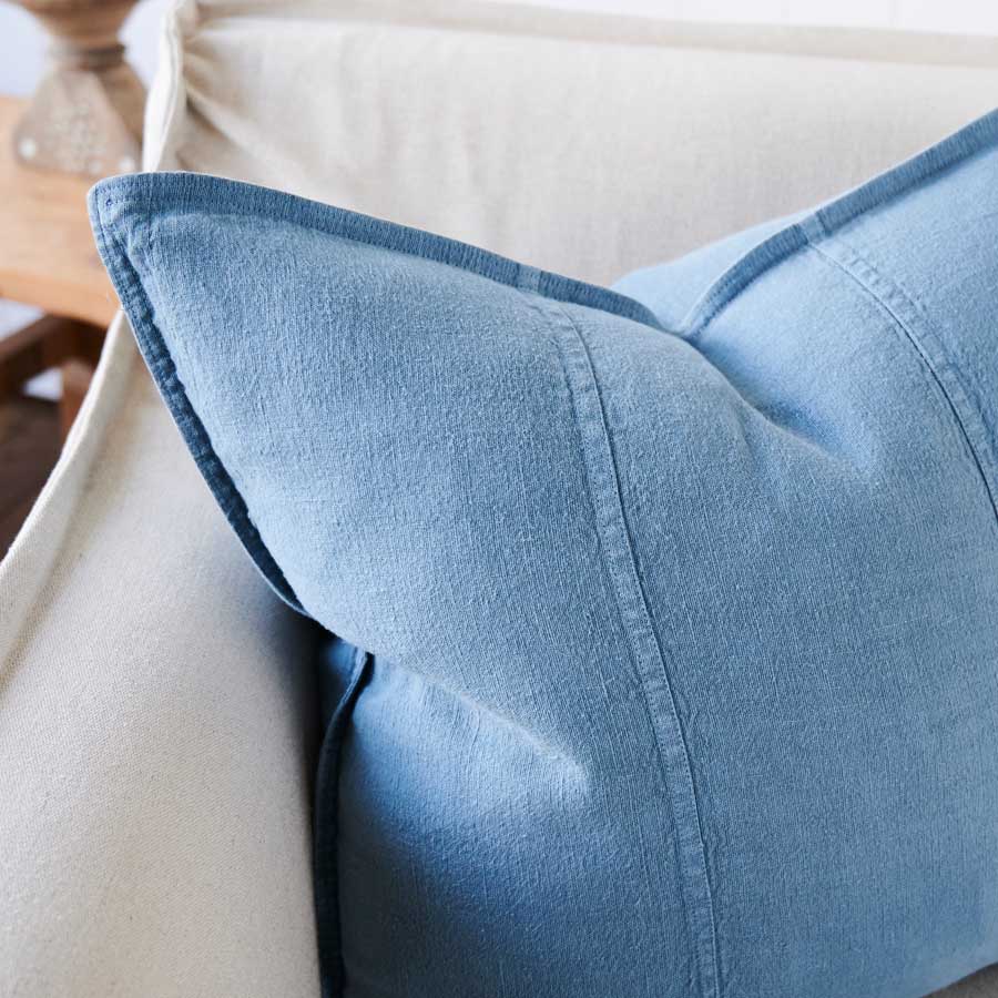 Luca Linen Cushion in Blue Azure colour crafted from 100% pre washed linen