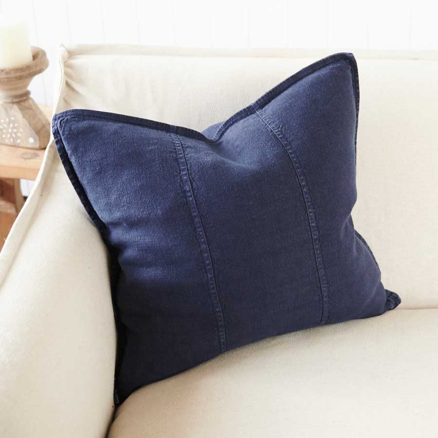 Luca Linen Cushion in navy crafted from 100% pre washed linen