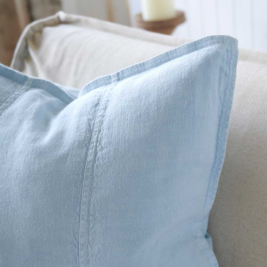 Luca Linen Cushion in soft blue crafted from 100% pre washed linen