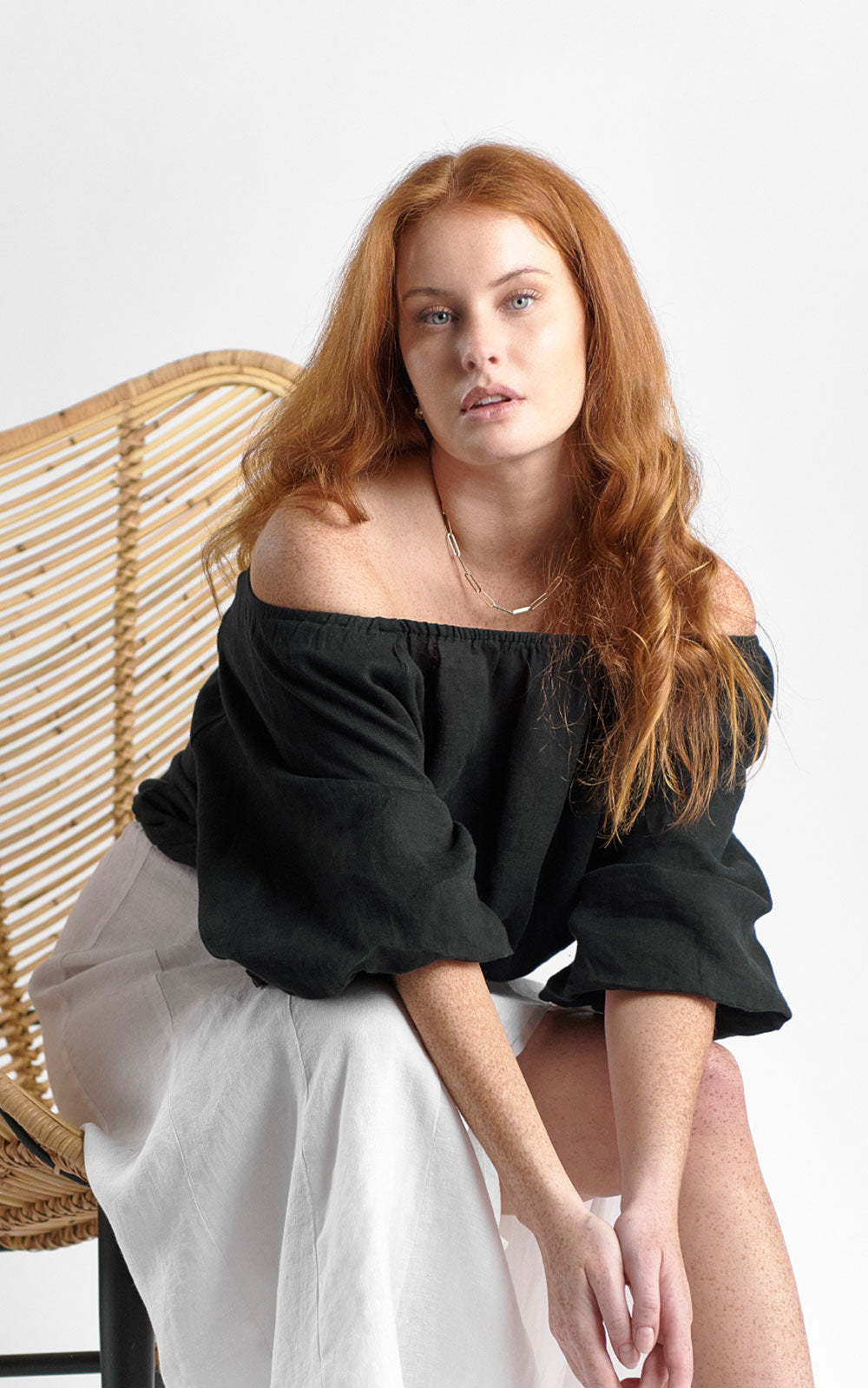 off the shoulder black linen top