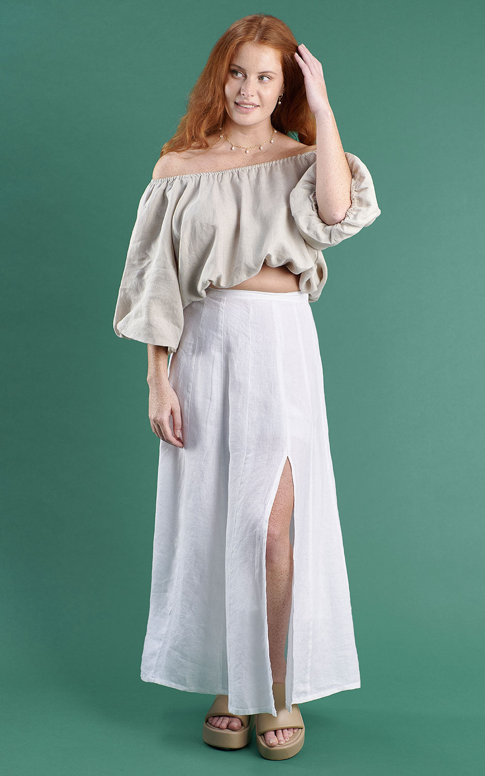 linen maxi skirt with split white