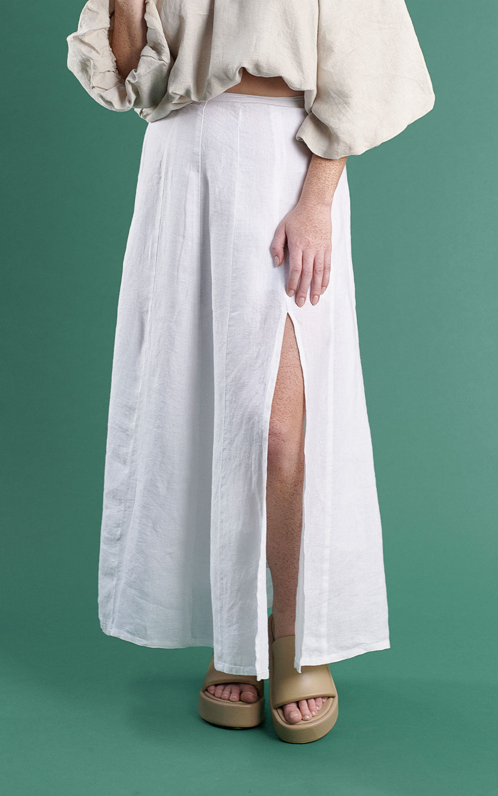 linen maxi skirt with split white