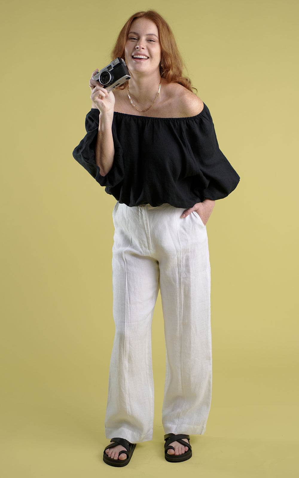 off the shoulder black linen top