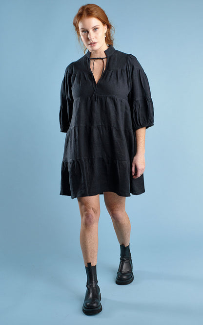 tiered mini dress with tie up neck in black