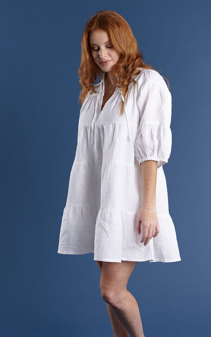 tiered mini dress with tie up neck in white