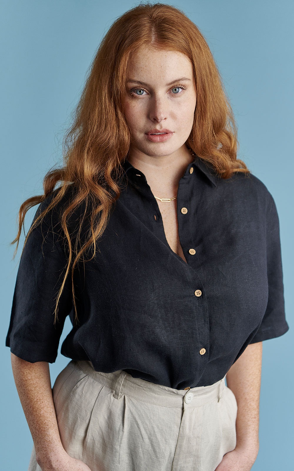 classic button up shirt with wooden buttons in black