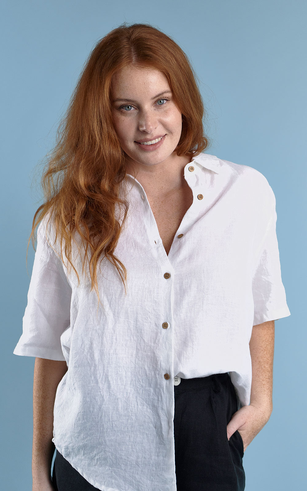 classic button up shirt with wooden buttons in white