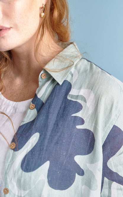 classic button up shirt with wooden buttons in navy and seamist print gidget