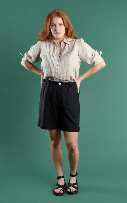 Button up blouse with pleats in natural