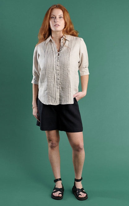 Button up blouse with pleats in natural