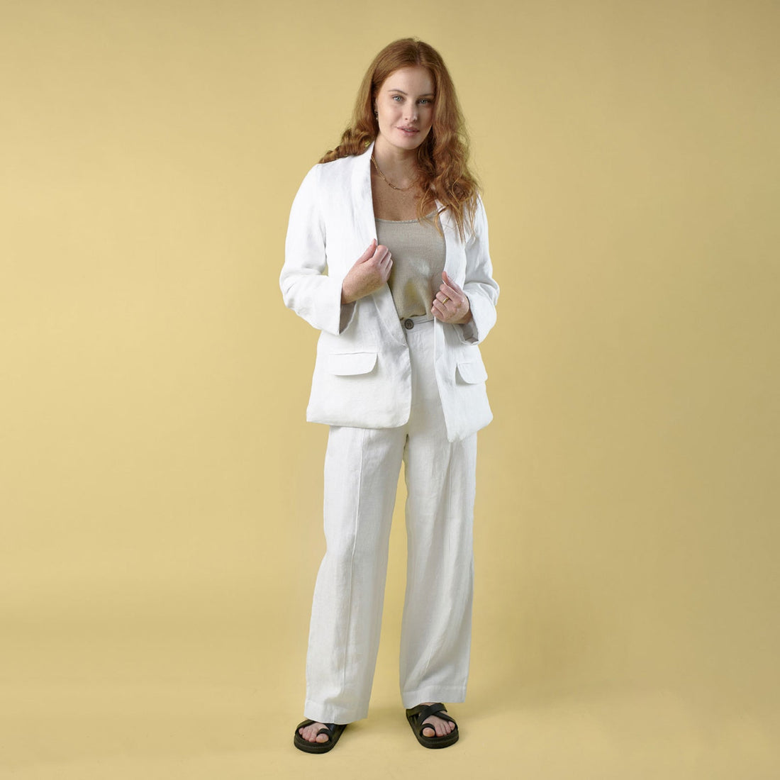 white linen blazer with reversible natural cuffs