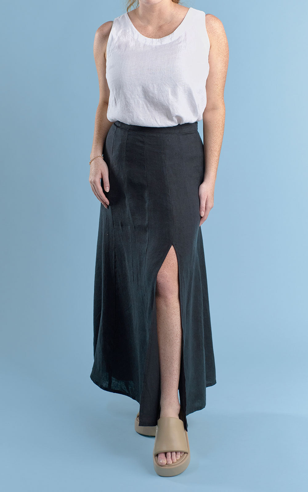 linen maxi skirt with split black