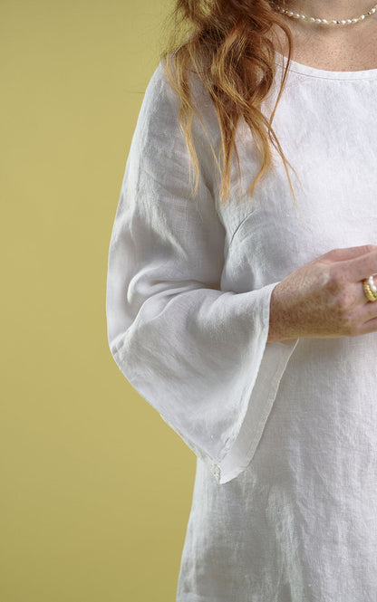 linen bell sleeve mini dress in white