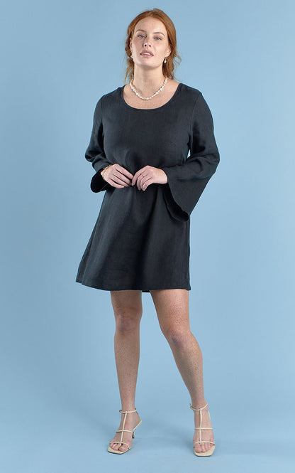 linen bell sleeve mini dress in black