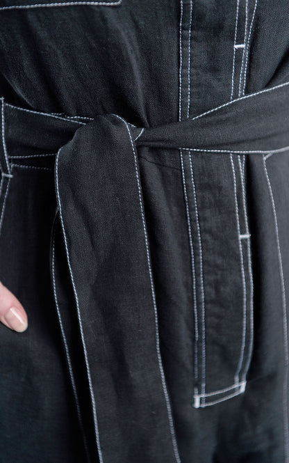 boiler suit in black linen with contrast stitching