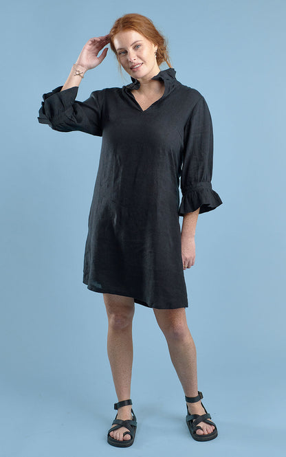 black linen mini dress with high neck frill and sleeves