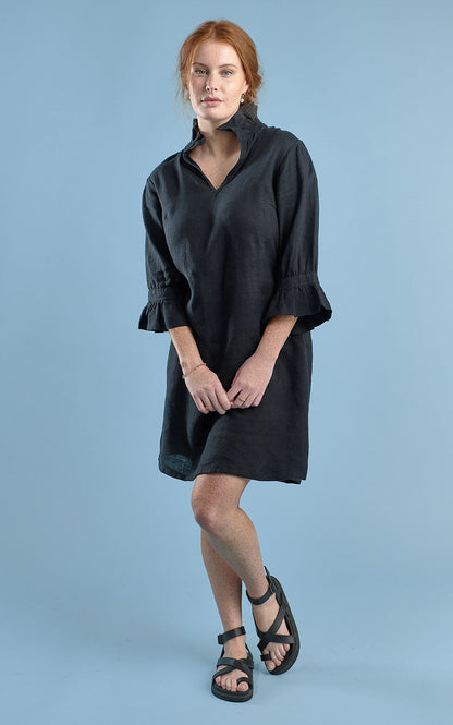 black linen mini dress with high neck frill and sleeves