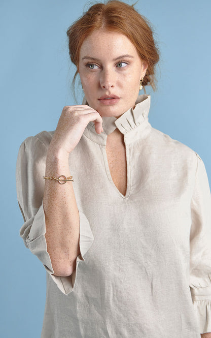 natural linen mini dress with high neck frill and sleeves