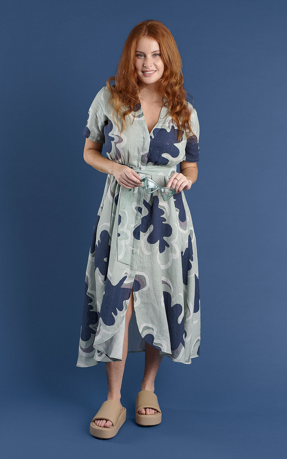 navy and seamist print linen maxi dress with v neck and middle leg split including tie belt