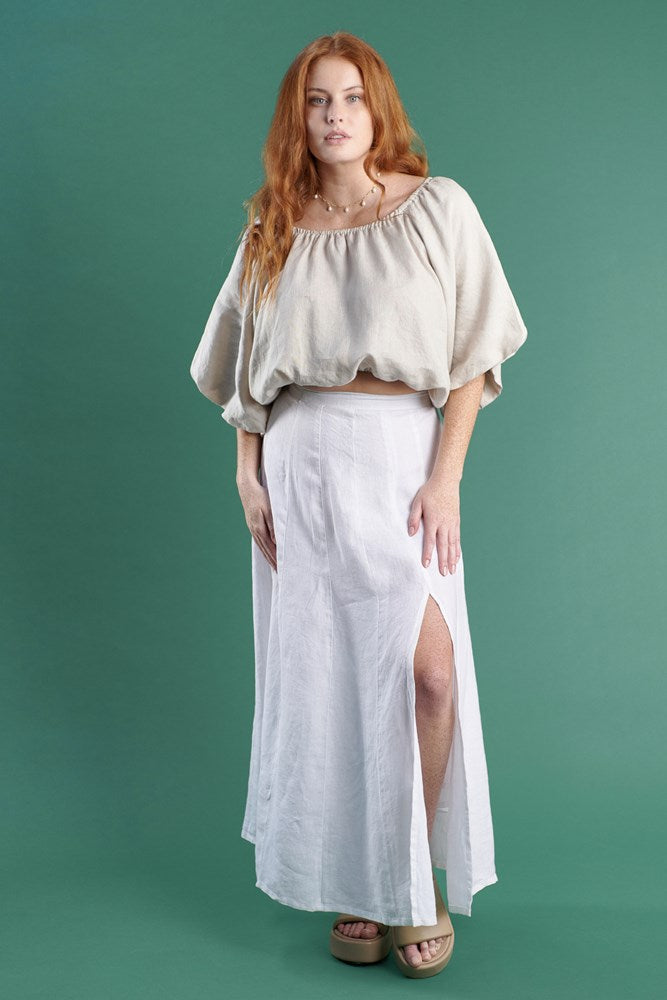 linen maxi skirt with split white