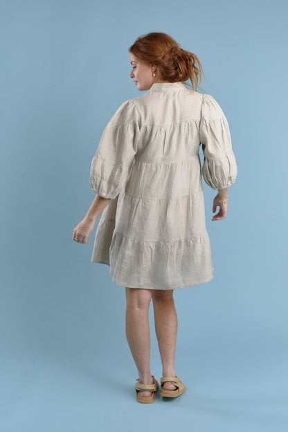 tiered mini dress with tie up neck in natural